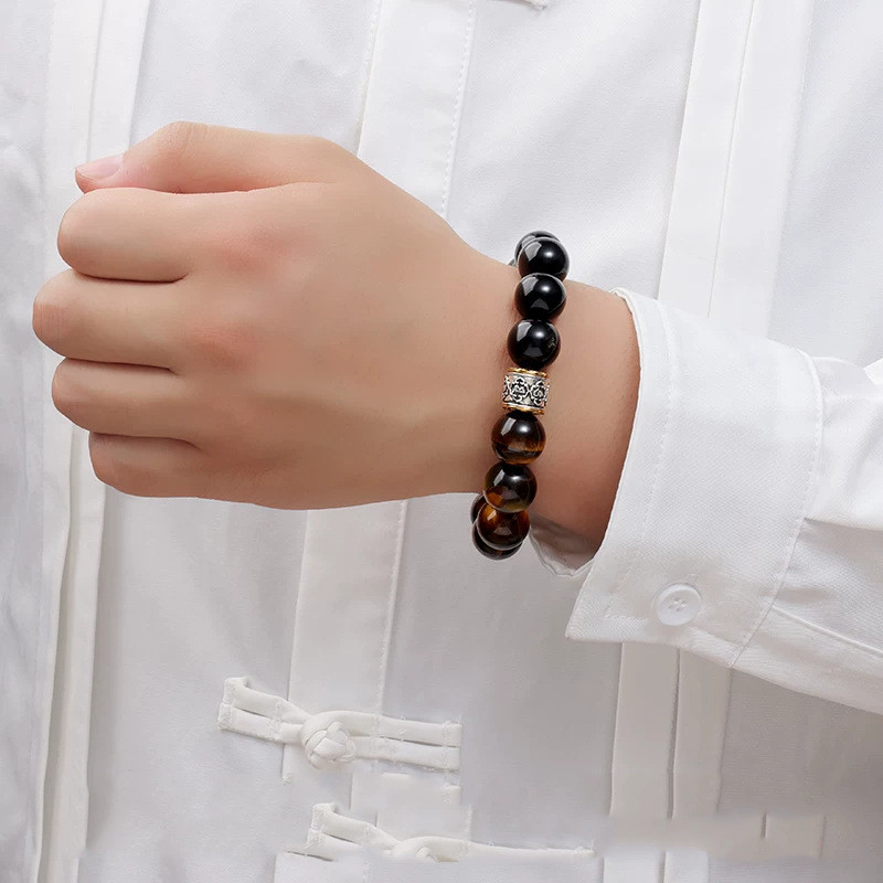 Vòng tay Obsidian mắt hổ tự nhiên Unisex - Hạt Mantra sáu chữ - Miếng đệm bạc trang trí công phu - Thủ công cổ điển dân tộc