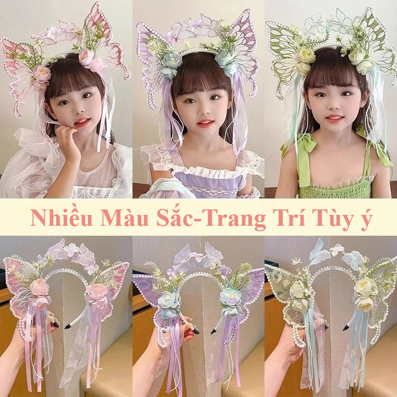 【SKISOPGO】Phụ kiện tóc cổ tích bướm công chúa,Thiết Kế Nơ Ruy Băng Tua Rua Hoa,phong cách cổ đại Hanfu hàng ngày