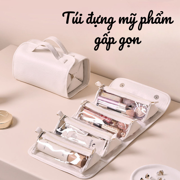 Túi Đựng Mỹ Phẩm Du Lịch Gấp Gọn Có Móc Treo, Túi PU Trang Điểm Nhiều Ngăn Trong Suốt Chống Nước HomeMate