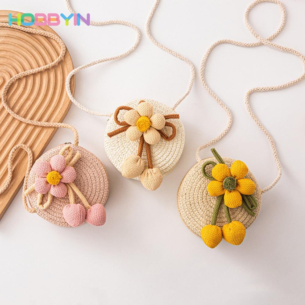 HOBBYIN Túi rơm HOBBYIN, Túi cói màu trơn hình hoa, Ví đựng tiền xu dệt thủ công thông thường cho trẻ em