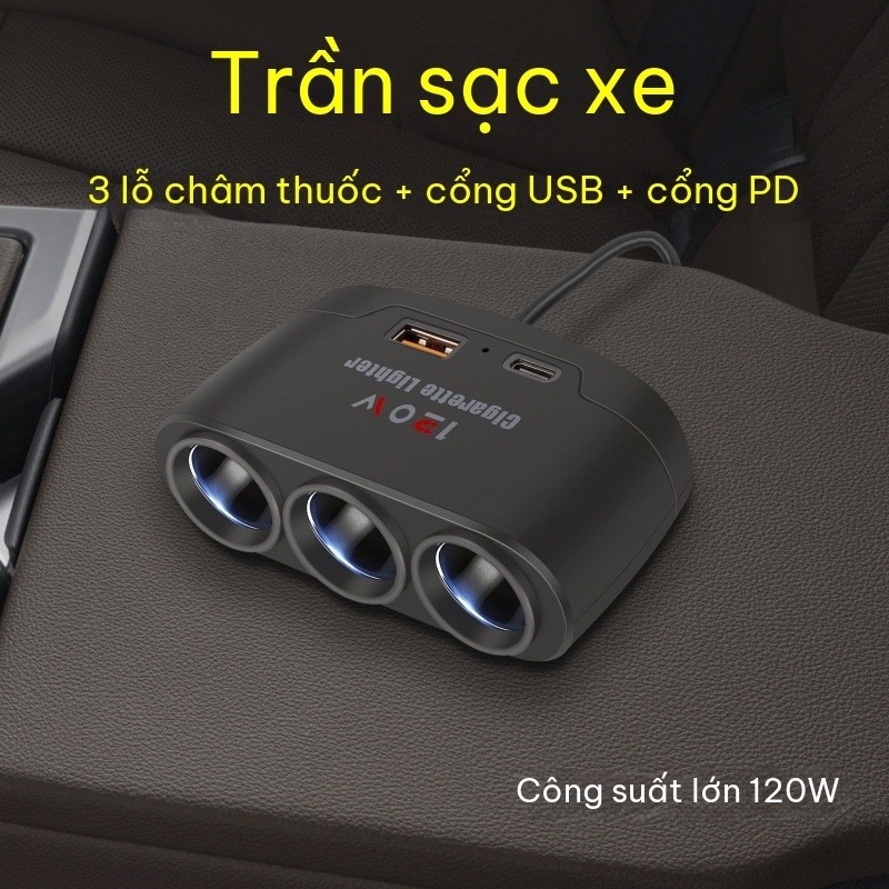 Tẩu Sạc Nhanh 120w 12v 24v 3 Cổng usb Có Đèn led QC3.0 Sạc Ô Tô 1 Chia 3 Có Đèn LED - Hỗ Trợ PD Nhanh, Tương Thích iPhone/Samsung/Xiaomi, Đầu Cắm Tẩu Thuốc Tiện Lợi, Giá Rẻ