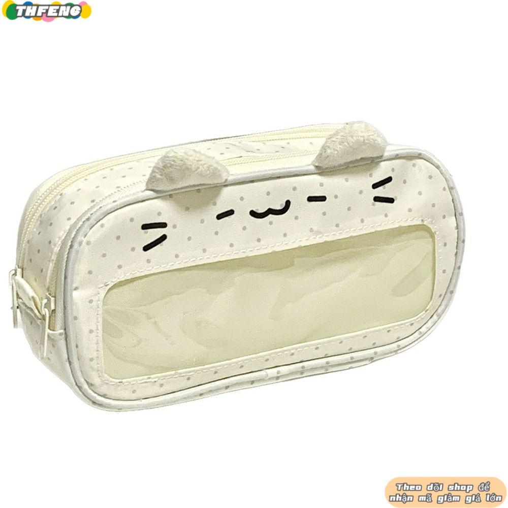 Bút chì THFENG, Họa tiết mèo Túi đựng bút chì dung tích lớn, Kawaii hai lớp có cửa sổ hiển thị Ita Túi văn phòng phẩm di động Văn phòng học
