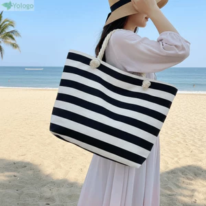 Túi Tote đi biển YOLOGO, Túi xách du lịch dung tích lớn bằng vải Canvas, Túi đeo vai sọc có dây kéo có thể gập lại thời trang dành cho công sở du lịch Cửa hàng phòng tập thể dục bãi biển