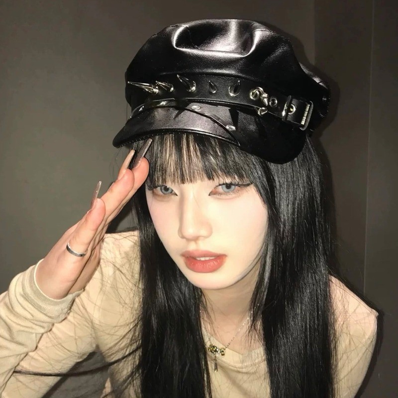Mũ nồi da đinh tán đen dành cho nữ, phù hợp phong cách họa sĩ, Hip Hop, Y2K - Chống nước và điều chỉnh size