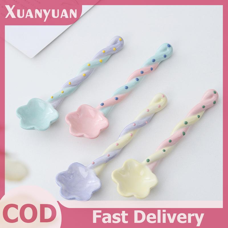 XUAN 1 Gốm Tay Cầm Dài Thìa Dễ Thương Kem Vẽ Tay Món Tráng Miệng Thìa Tay Cầm Dài Bộ Đồ Ăn Nhà Bếp Phụ Kiện VN