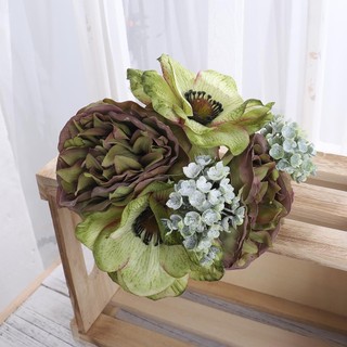 Hoa Giả Anh Túc Mẫu Đơn Lụa Cao Cấp Trang Trí Nhà Cửa Đẹp Bó Silver Anemone Peony Silk Flowers Artificial Bouquet Wedding Photography Props Fake Plants Floral Arrangement Vintage Aesthetic Room Decoration Gift Nordic Style DIY Hand Tied Realistic Petals
