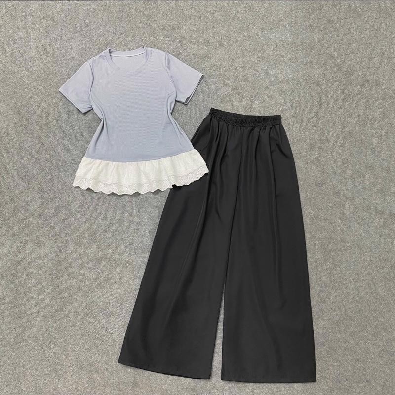 Set Bigsize Cô Nhỏ Áo Thun Tay Ngắn Bo Viền Ren Kèm Quần Dài Ống Rộng Thoải Mái A281+Q530