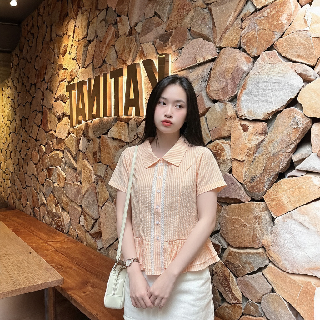 Áo Sơ Mi Tay Ngắn Kẻ Sọc  Kiểu Bèo 2 Tầng Xinh Xắn A51464