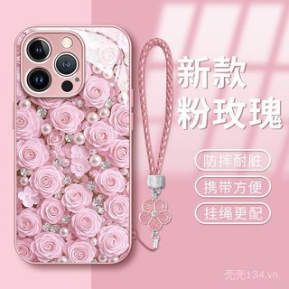 Dây buộc hoa hồng hồng Thích hợp cho 17 Vỏ điện thoại iphone15promax Thủy tinh lỏng 16 Nữ mới 14