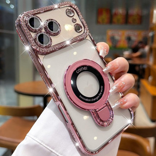 Ốp lưng iPhone đính đá lấp lánh, chống sốc, bảo vệ camera, giá đỡ gập, sạc từ tính cho 17 Air 16 15 14 13 12 11 Pro Max