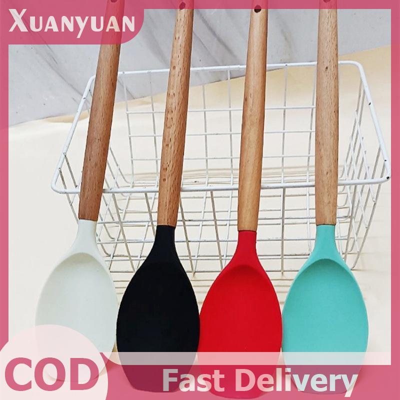 XUAN Dụng cụ nấu ăn tại nhà Silica Gel Scoop Salad Máy khuấy Muỗng Tay cầm bằng gỗ Nồi nấu Silica Gel Pot Scoop Nồi chống dính Dụng cụ nhà bếp VN
