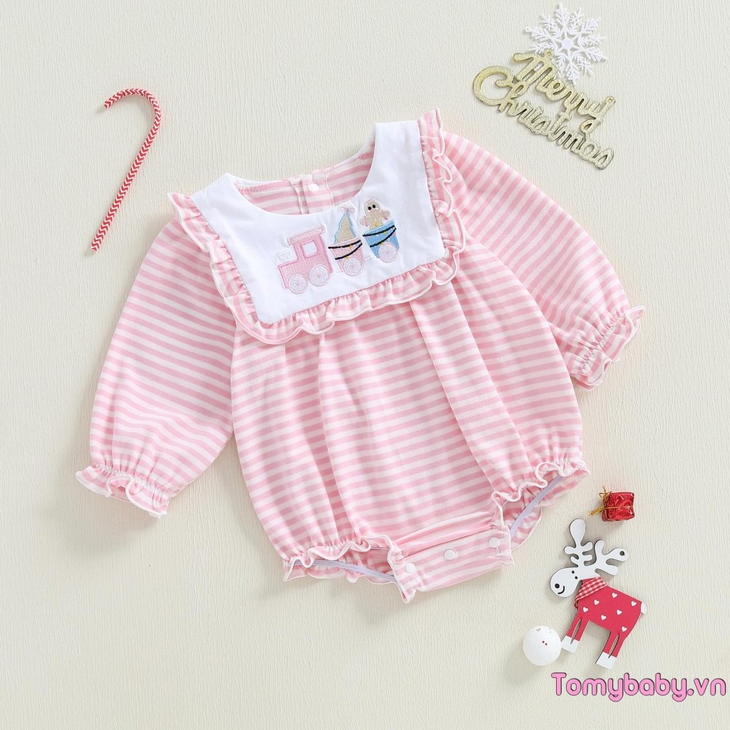 Bé Gái Giáng Sinh Sọc Áo Liền Quần Train Gừng Cây Thêu Ruffle Tay Dài Body