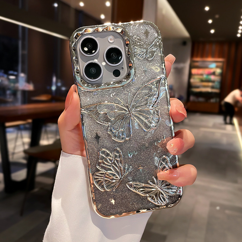 Ốp Điện Thoại Mạ Bướm Lấp Lánh Cho iPhone 17 Pro Max 16 13 14 15 Pro Max Air 16 plus Ống Kính Bảo Vệ Camera Vỏ Chống Sốc TPU Vỏ Mềm Vỏ Bảo Vệ Điện Thoại