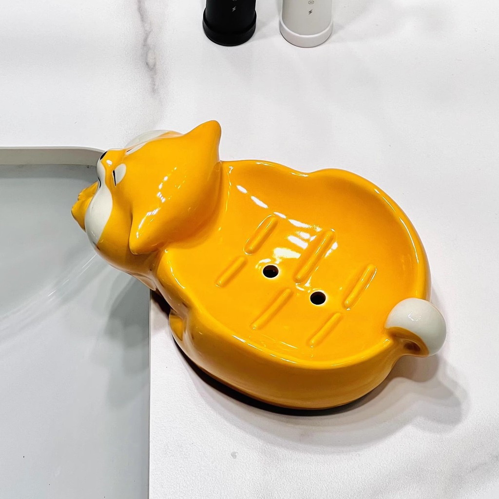Đĩa xà phòng gốm sứ sáng tạo hoạt hình, Giá đựng xà phòng Shiba Inu dễ thương, Khay đựng xà phòng thoát nước cho phòng tắm