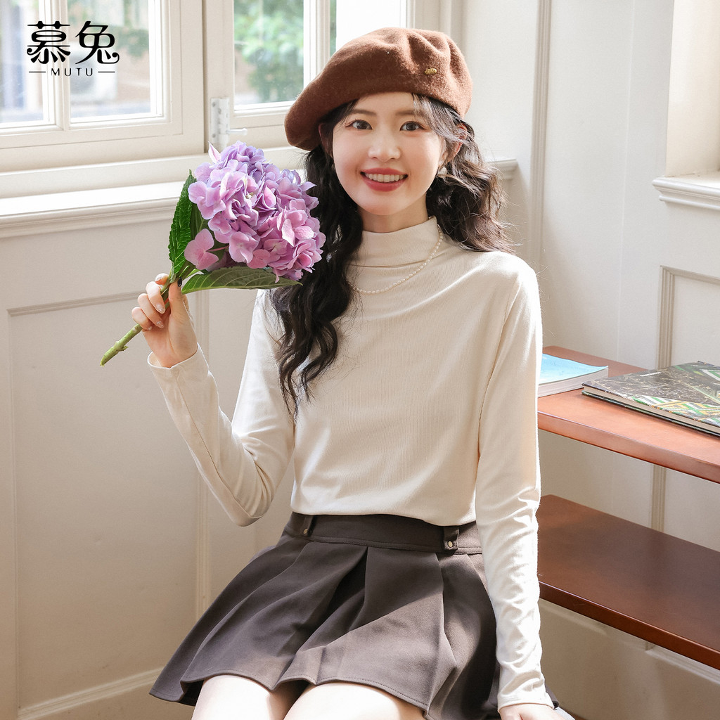 Mutu Màu Trơn Nửa Cổ Cao Dài Tay Áo Thun Nữ Mùa Xuân 2026 Phong Cách Mới Thời Trang Bên Trong Slim-fit Ôm Hơn Nhìn Đáy
