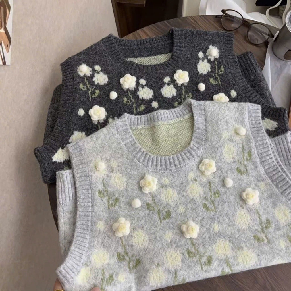 (HÀNG QC LOẠI 1) Áo gile len phối họa tiết hoa nổi độc đáo phong cách thời trang thu đông ba SP395