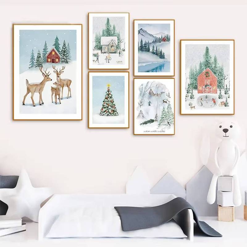 Cây Giáng Sinh Hươu Người Tuyết Tuyết Núi Sông Mùa Đông Tường Nghệ Thuật Tranh Canvas Áp Phích Và In Hình Treo Tường Hình Ảnh Trẻ Em Trang Trí Phòng