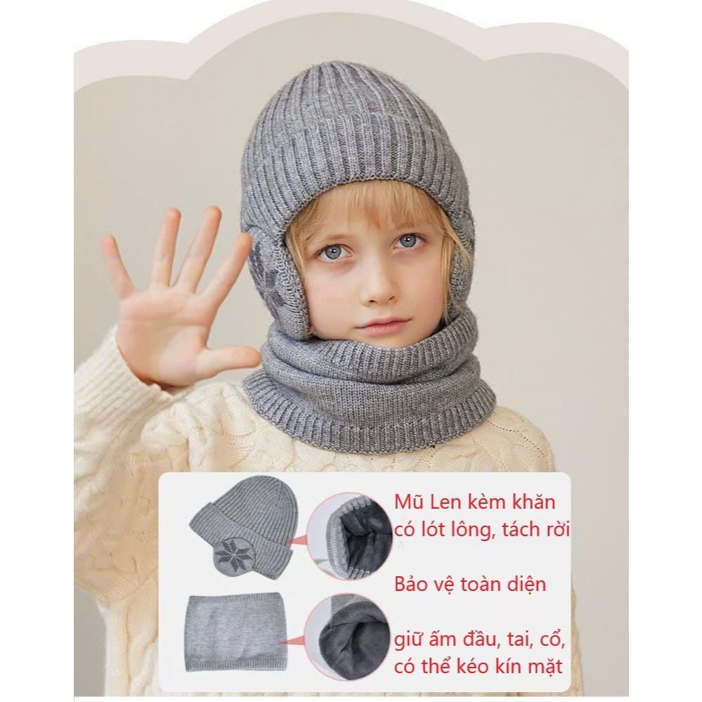 Set Bộ Mũ Len Bịt Tai Lót Lông Siêu Ấm Kèm Khăn Choàng Cổ Trẻ Em, Bé Trai, Bé Gái Từ 3-6Tuổi, Dày Dặn, Giữ Ấm Mùa Đông