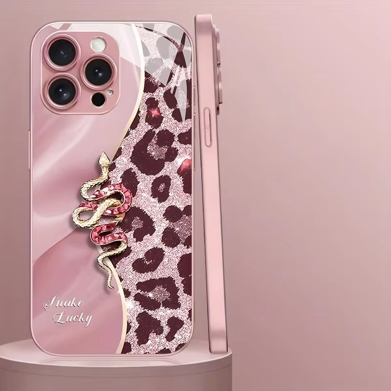 Ốp Điện Thoại Thủy Tinh Sơn Kim Loại Da Báo In Hình Con Rắn Vàng Cho iPhone 17 16 15 14 13 12 11 Pro Max Plus 16E 17Air Cover