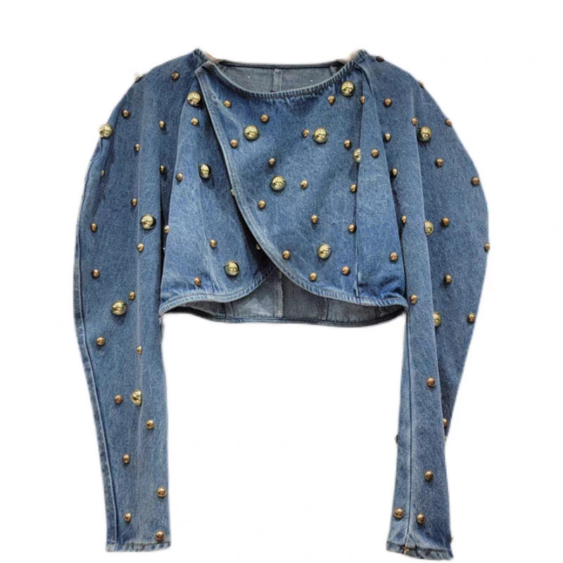 Top nữ denim tay ngắn phong cách Hàn Quốc, móng tay tròn đinh tán puff