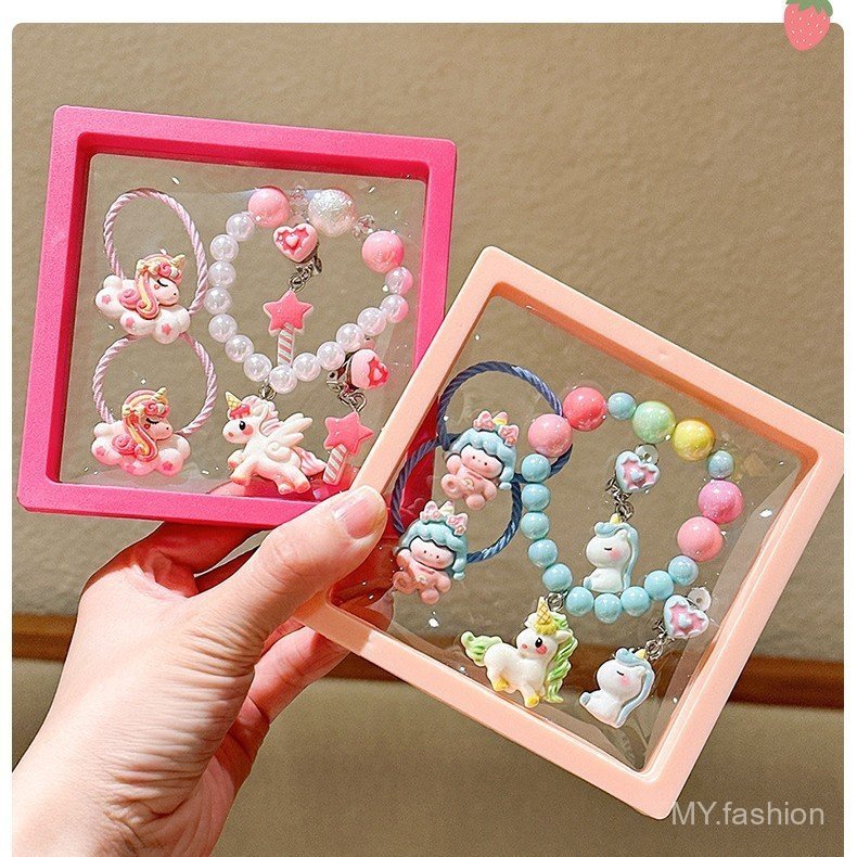 Bộ Vòng Tay Trẻ Em, Vòng Tay Đuôi Cá Kỳ Lân Đính Hạt Trang Sức Dễ Thương Kẹp Tai Hộp Quà Trang Sức