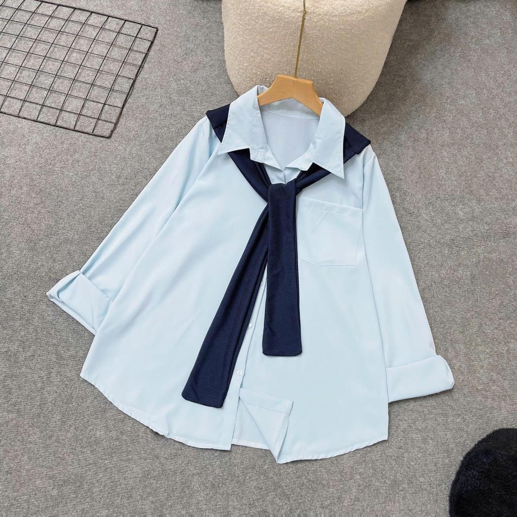 Áo Sơ Mi Lụa Dài Tay Nữ Bigsize Cô Nhỏ Kèm Khăn Choàng Xinh Xắn Phù Hợp Đi Học Đi Làm SM20+A195