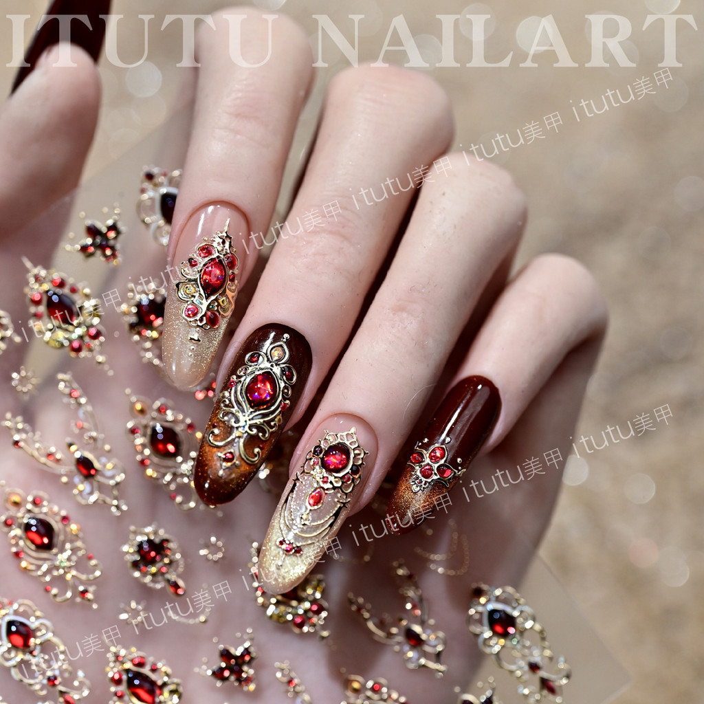 Itutu Retro Baroque Scepter Mạ Vàng Miếng Dán Móng Tay Sang Trọng Giả Đá Quý Trang Sức Trang Trí Móng Tay Trang Sức Nhỏ 388 UNXR