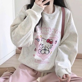 Áo sweater hello kitty in trái tim hồng dành cho nữ cổ tròn form rộng tay bồng chất nỉ bông
