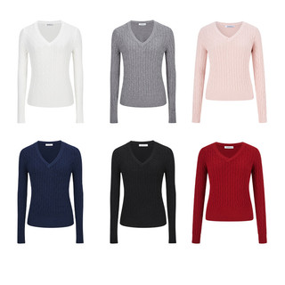 Áo len nữ cổ chữ V phong cách preppy, dáng dài tay