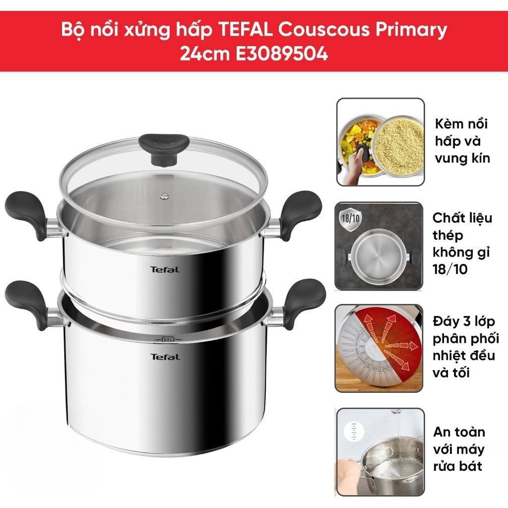 Nồi hấp Inox Tefal Couscous Primary E3089504 24cm - Thép không gỉ  - Bảo hành chính hãng 24 tháng