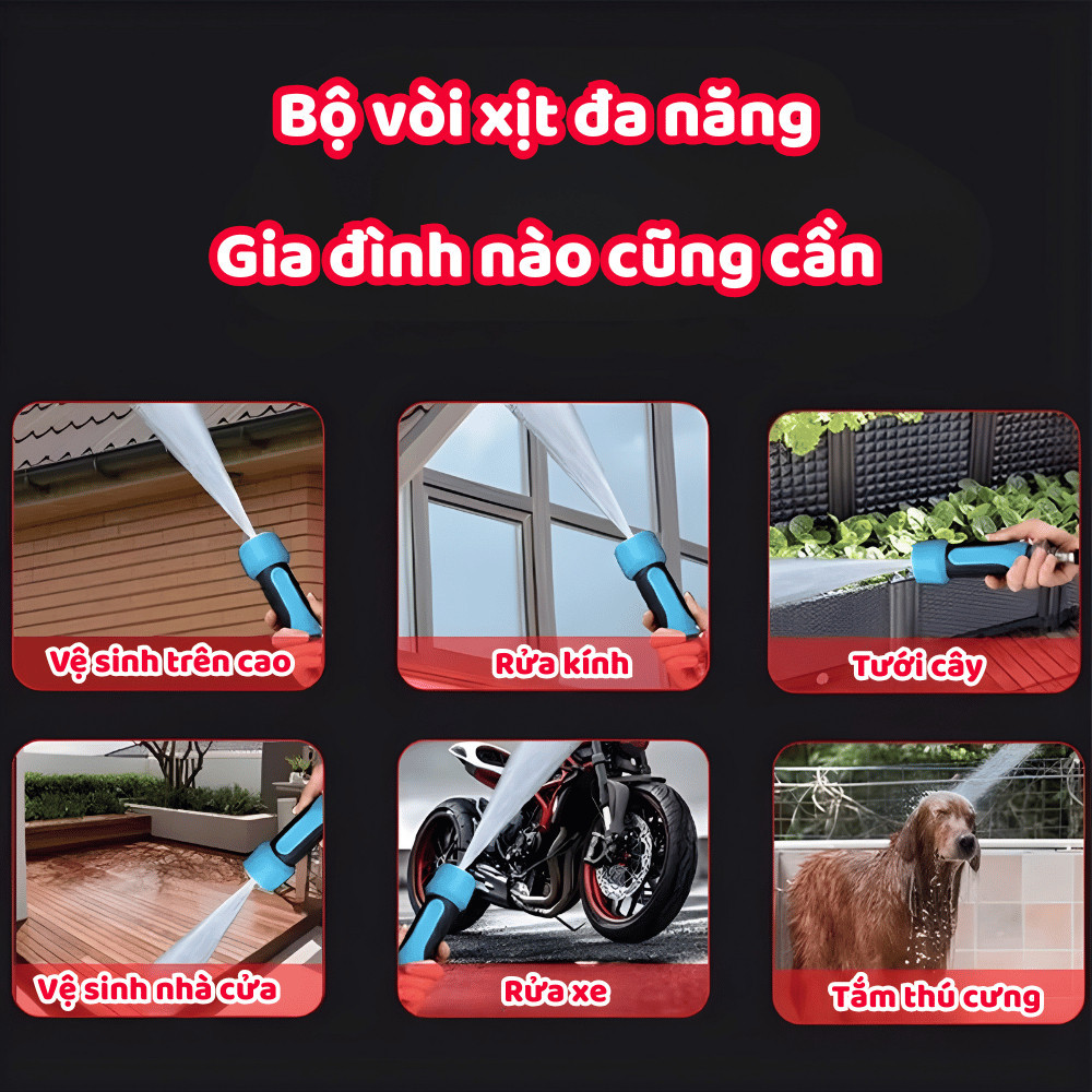 Bộ Vòi Xịt Tăng Áp 6 Chế Độ Dây Dẫn Chịu Lực, Đầu Xịt Đa Năng Rửa Xe – Tưới Cây – Vệ Sinh Sân Vườn