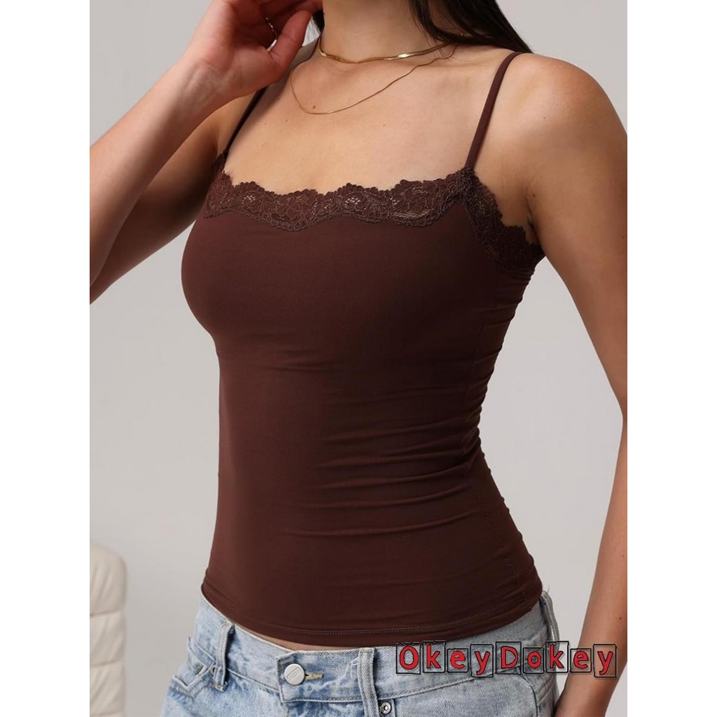 ODokey-Nữ Cami Áo Không Tay Ren Viền Màu Trơn Ôm Vừa Viền