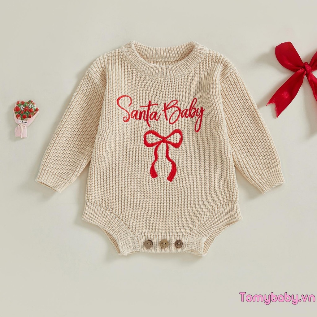 Bé Gái Giáng Sinh Áo Liền Quần Rời Phù Hợp Với Chữ Nơ Thêu Gân Dài Tay Trẻ Sơ Sinh Mùa Đông Jumpsuit