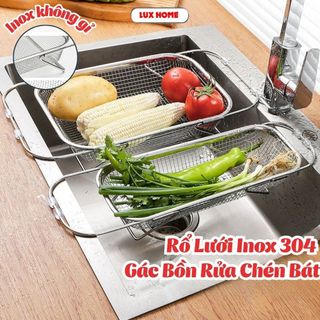 Rổ Gác Bồn Rửa Chén Inox 304  Lux Home, Rổ Lưới Điều Chỉnh Độ Dài Rửa Rau Củ Tiện Lợi