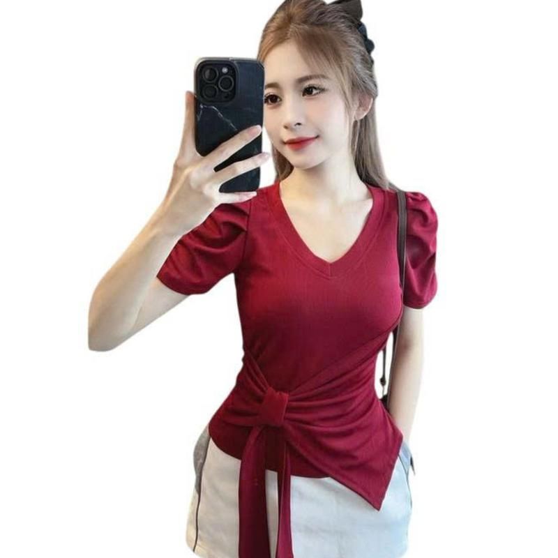 Áo Thun Bigsize Tay Ngắn Cột Nơ Dễ Thương ESHOP Áo Thun Nữ Cổ Tim Tay Phồng Ôm Body MS473