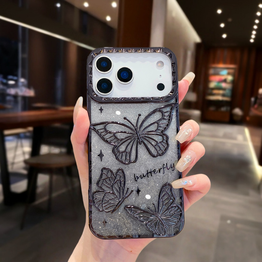 Ốp Điện Thoại Mạ Bướm Lấp Lánh Cho iPhone 17 Pro Max 16 13 14 15 Pro Max Air 16 plus Ống Kính Bảo Vệ Camera Vỏ Chống Sốc TPU Vỏ Mềm Vỏ Bảo Vệ Điện Thoại