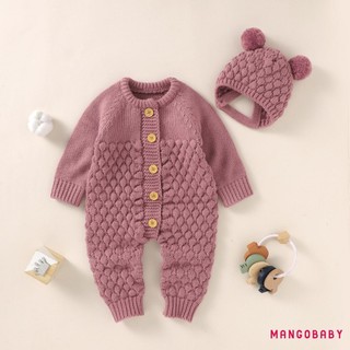 MG-Infant Baby 2 Bộ trang phục mùa đông Áo liền quần dệt kim màu trơn dài tay + Bộ mũ gấu