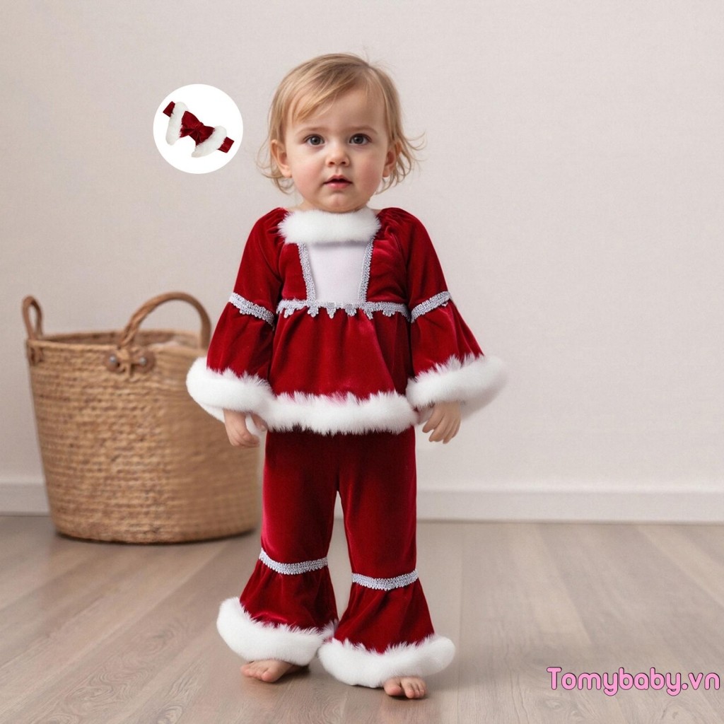 Trẻ mới biết đi Trang phục ông già Noel Giáng sinh sang trọng Áo dài tay chắp vá + Quần loe lưng co giãn + Bộ băng đô