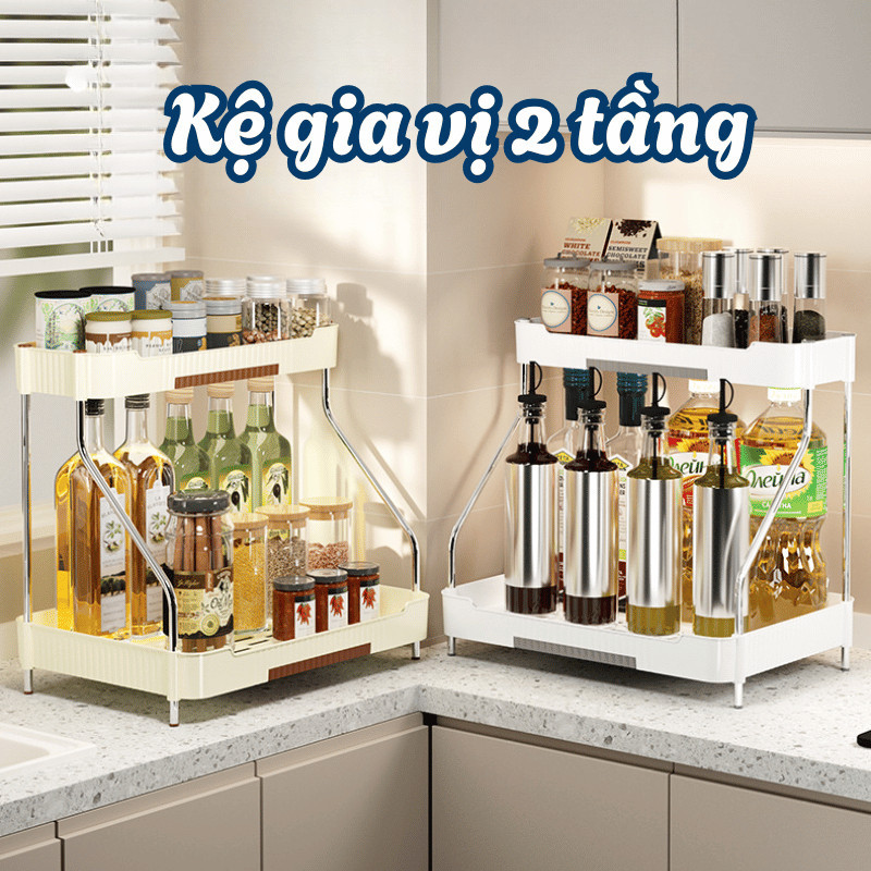 Kệ để gia vị bếp 2 tầng đa năng DinoHome, Kệ đựng đồ nhà bếp chất liệu inox chống gỉ, chịu lực tốt