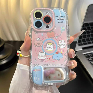 Vỏ Gương Hoạt Hình Dễ Thương + Dây Xích + Giá Đỡ Cho IPhone 16 11 15 14 13 12 Pro Max X Xr Xs Max 7 8 Plus Vỏ Điện Thoại Bảo Vệ Ống Kính Chống Sốc Mềm Vỏ Đen