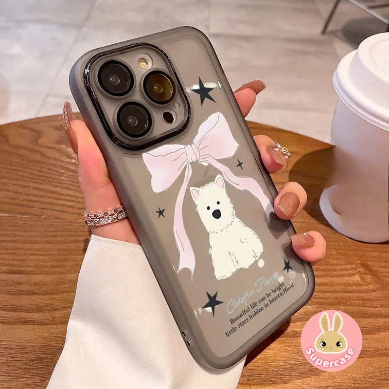 Ốp điện thoại hình chú chó nơ dễ thương Kính ống kính cho Samsung Galaxy A26 A56 A55 A54 A25 A23 M23 F23 A22 A21S A20 A20S A30 A52 A52S A50S A30 5G 4G Vỏ hoạt hình Vỏ mềm chống sốc