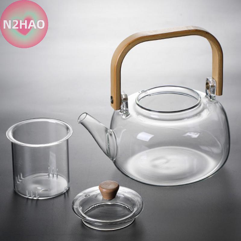 N2HAO Ấm trà thủy tinh sôi chịu nhiệt Tay cầm tre dày Bộ trà gia đình Tay cầm tre Ấm trà Nồi sức khỏe n
