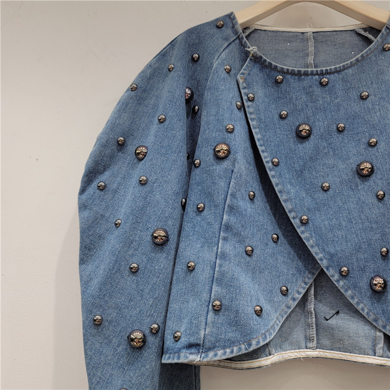 Top nữ denim tay ngắn phong cách Hàn Quốc, móng tay tròn đinh tán puff