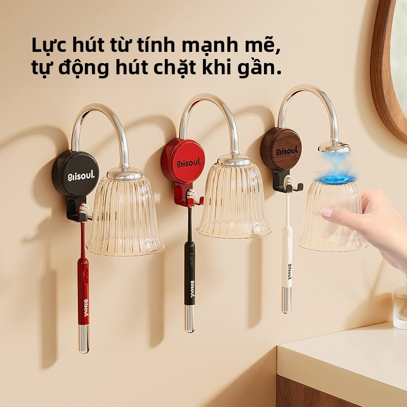 Bộ bàn chải đánh răng và cốc nước súc miệng treo tường không đục lỗ Thiết kế từ tính cổ điển-Không gian tiết kiệm