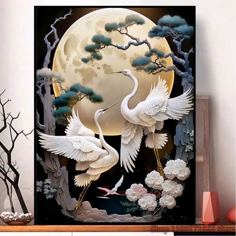 Cần cẩu thông lập thể 3D & Tranh vải mặt trăng sáng - Ý nghĩa tuổi thọ, Họa tiết siêu HD, Trang trí nhà cửa Trung Quốc mới, Nghệ thuật treo tường cho phòng khách & lối vào