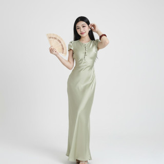 Đầm Lụa Dự Tiệc Tay Dài Phối Nút Ruby – NV794 Váy Lụa Vân Mềm Mịn Thanh Lịch