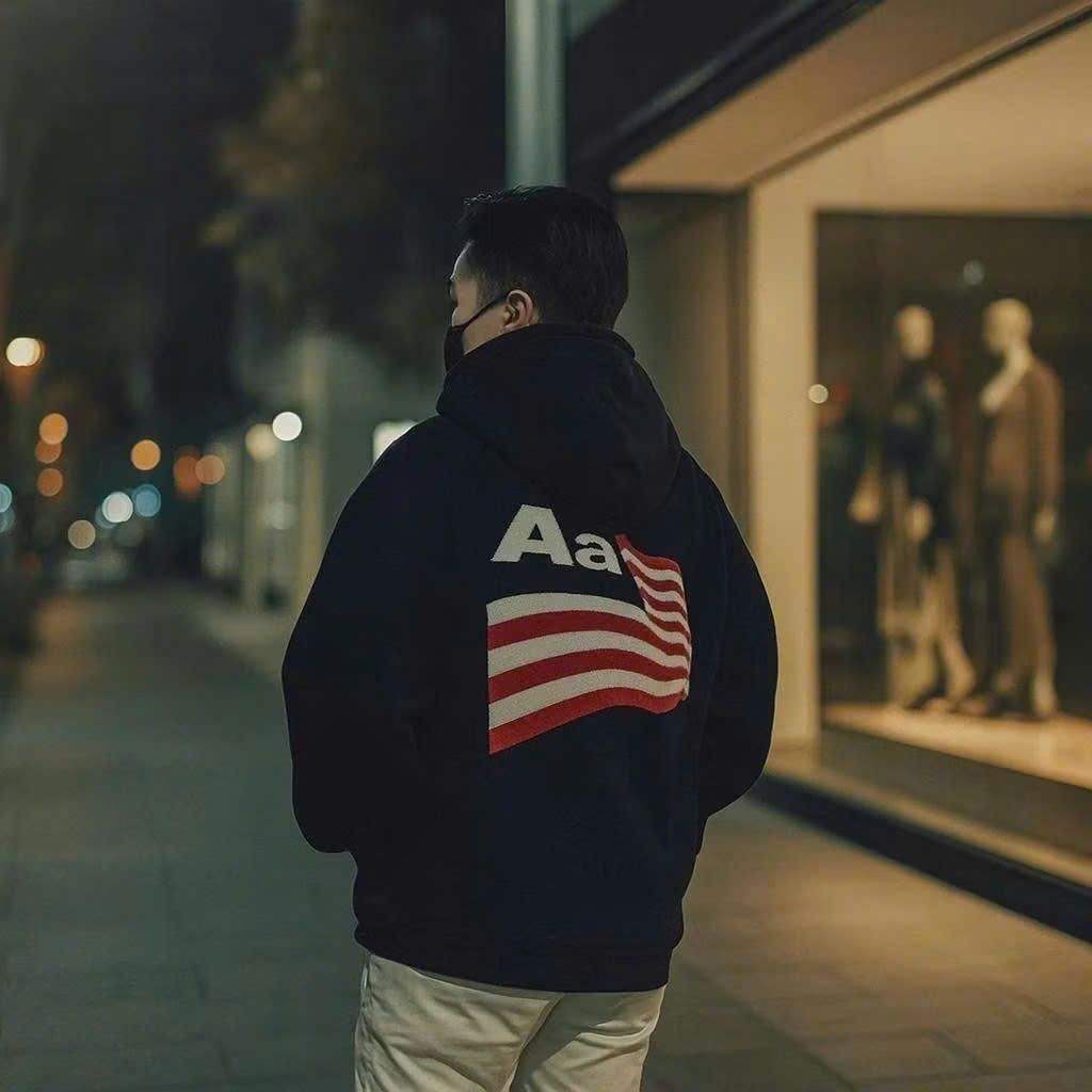 Áo khoác bigsize có khóa kéo mũ to, họa tiết cờ Mỹ CHỮ AA phong cách unisex cho nam và nữ.