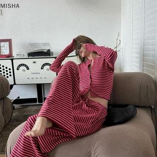 Misa Phong Cách Hàn Quốc Hoa Hồng Sọc Đỏ Bộ Đồ Ngủ Nữ Dài Tay Quần Cardigan Mặc Ngoài Bộ Quần Áo Gia Đình