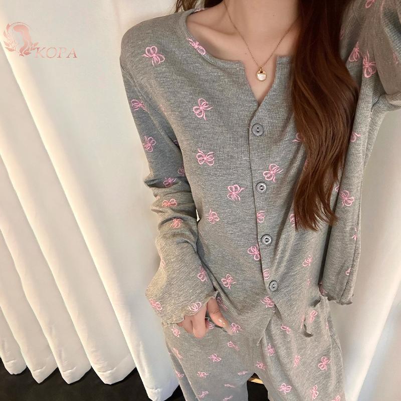 KOPA Bộ Đồ Ngủ Thu Đông Mới, Ice Silk Thread với Áo Cardigan Rời Dễ Thương