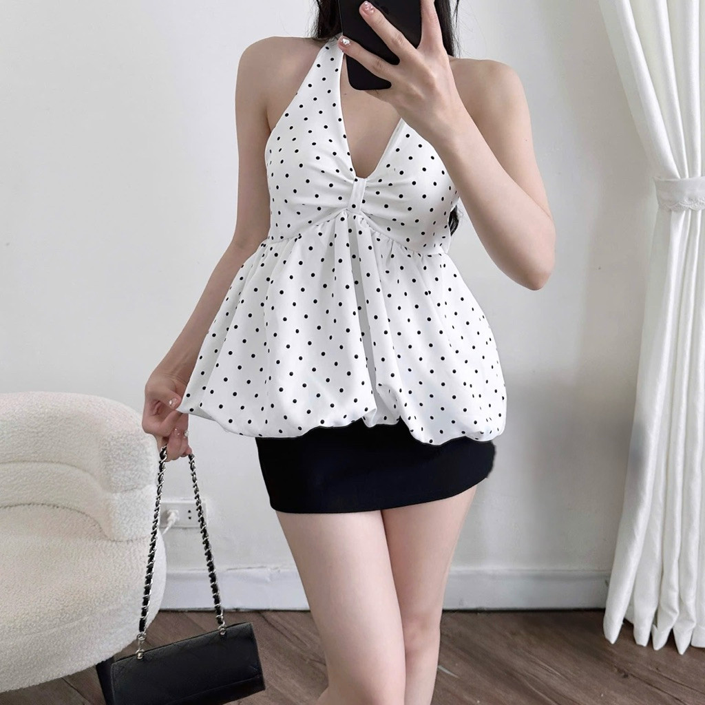 (Có Mút) Áo Yếm Chấm Bi Nhún Ngực Form Bí Xoè Lưng Chun co giãn